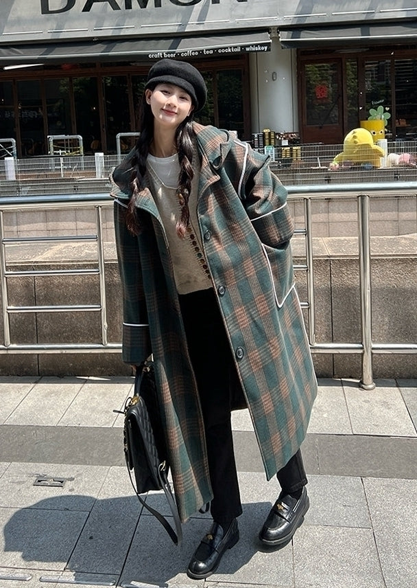Korean Vintage Plaid Hooded Long Winter Coat