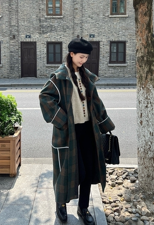 Korean Vintage Plaid Hooded Long Winter Coat
