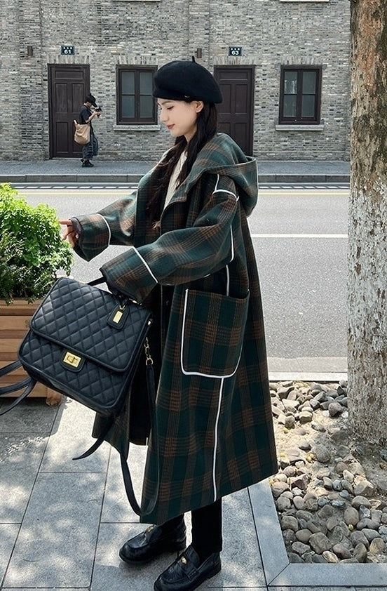 Korean Vintage Plaid Hooded Long Winter Coat