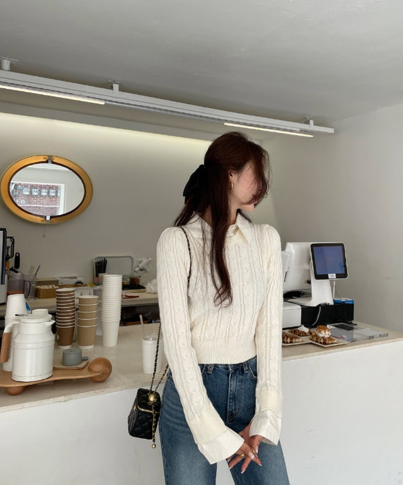 Beige Knit Sweater With Shirt Collar