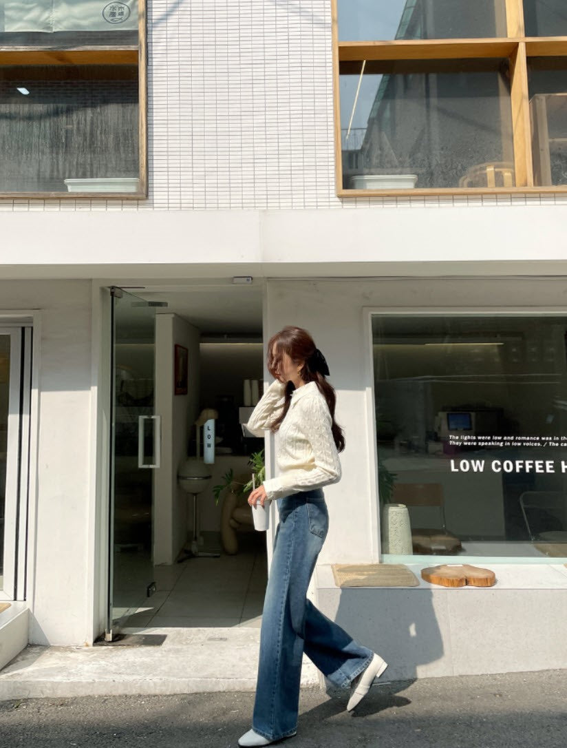 Beige Knit Sweater With Shirt Collar