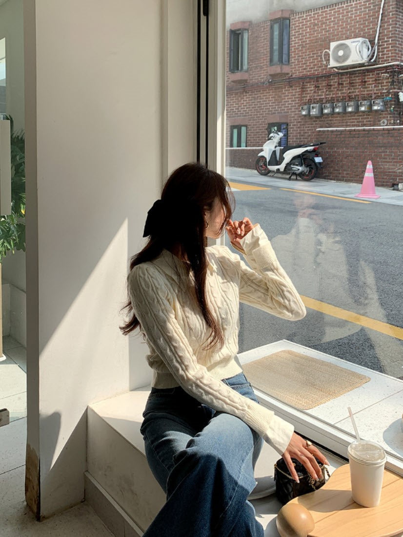 Beige Knit Sweater With Shirt Collar