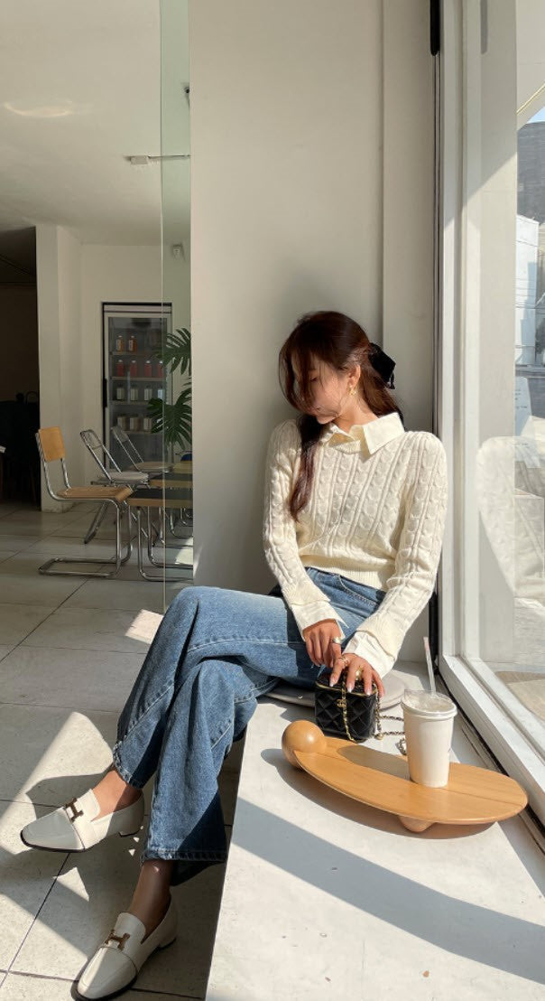 Beige Knit Sweater With Shirt Collar