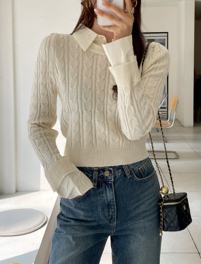 Beige Knit Sweater With Shirt Collar