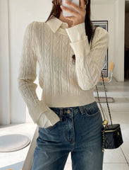 Beige Knit Sweater With Shirt Collar