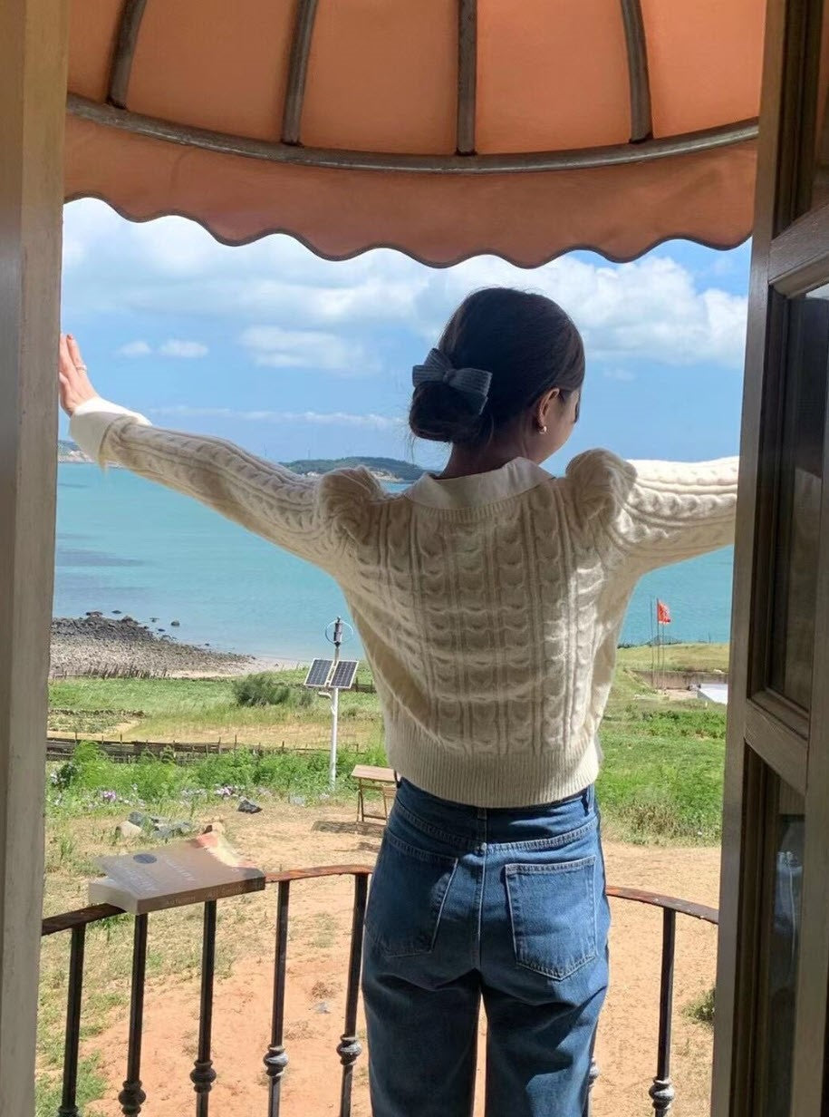 Beige Knit Sweater With Shirt Collar