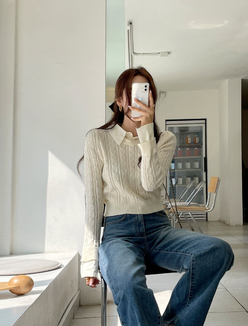 Beige Knit Sweater With Shirt Collar