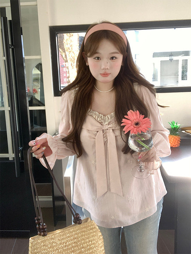 Lace Bow Loose Shirt Pink Blouse