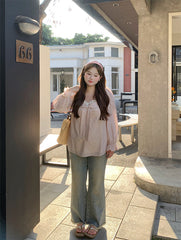 Lace Bow Loose Shirt Pink Blouse