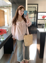 Lace Bow Loose Shirt Pink Blouse