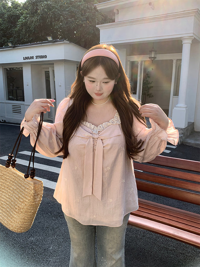 Lace Bow Loose Shirt Pink Blouse
