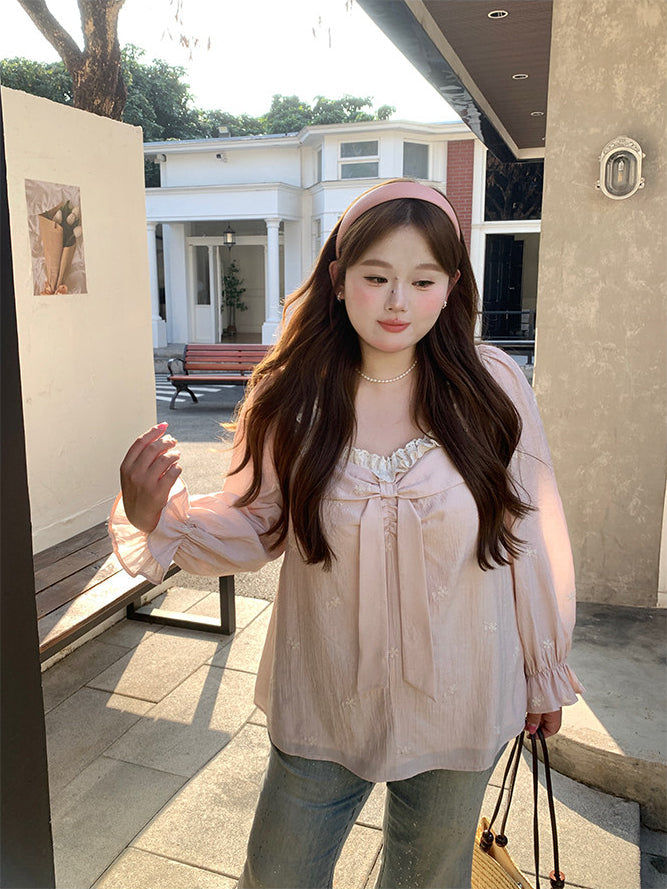 Lace Bow Loose Shirt Pink Blouse