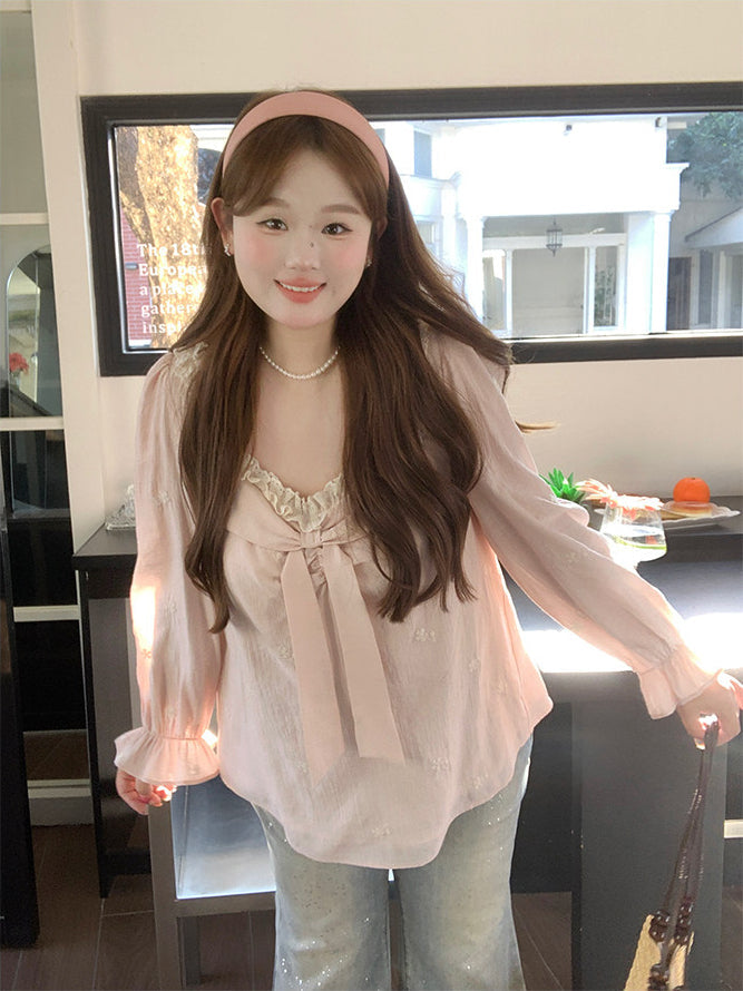 Lace Bow Loose Shirt Pink Blouse