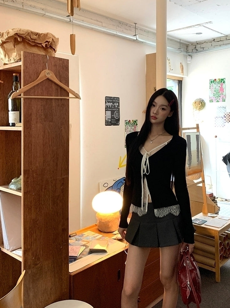Lace Knit Cardigan Sweater With Layered Design