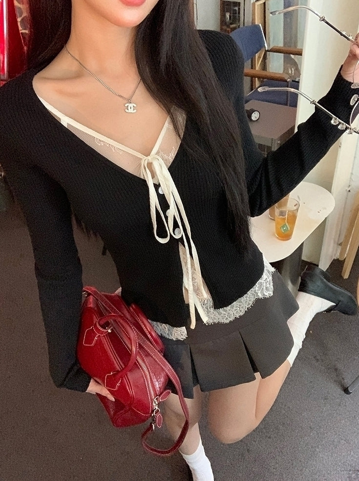 Lace Knit Cardigan Sweater With Layered Design