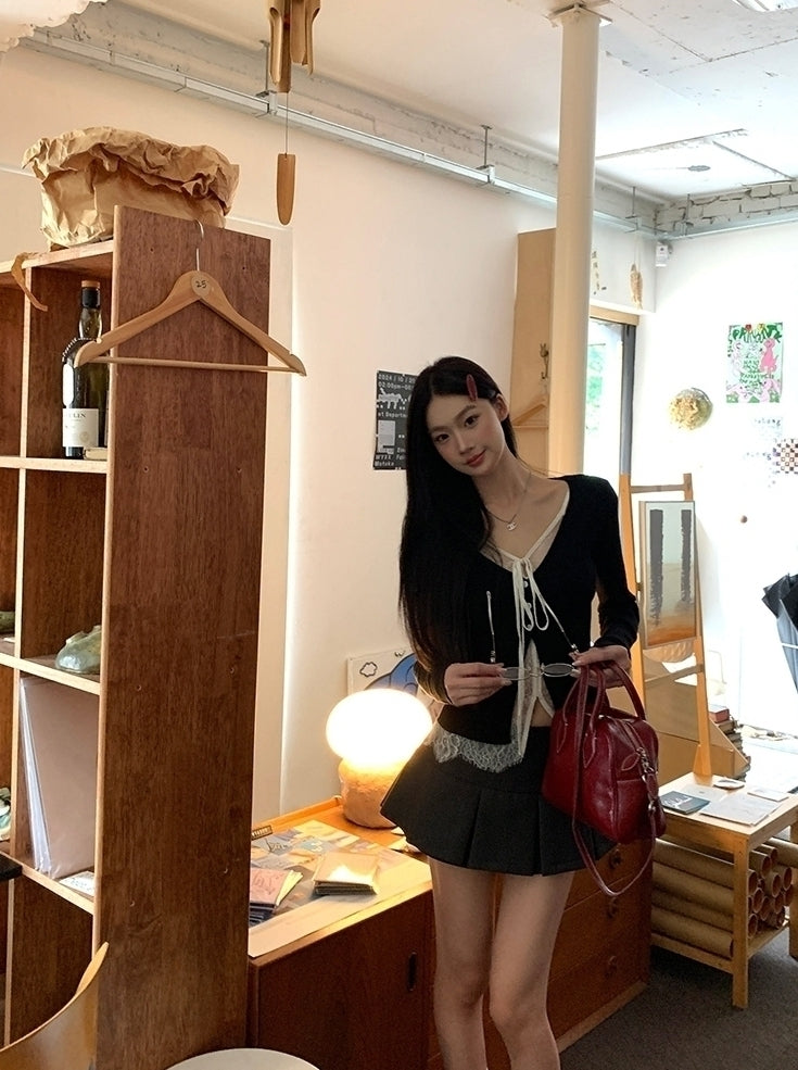 Lace Knit Cardigan Sweater With Layered Design