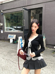 Lace Knit Cardigan Sweater With Layered Design