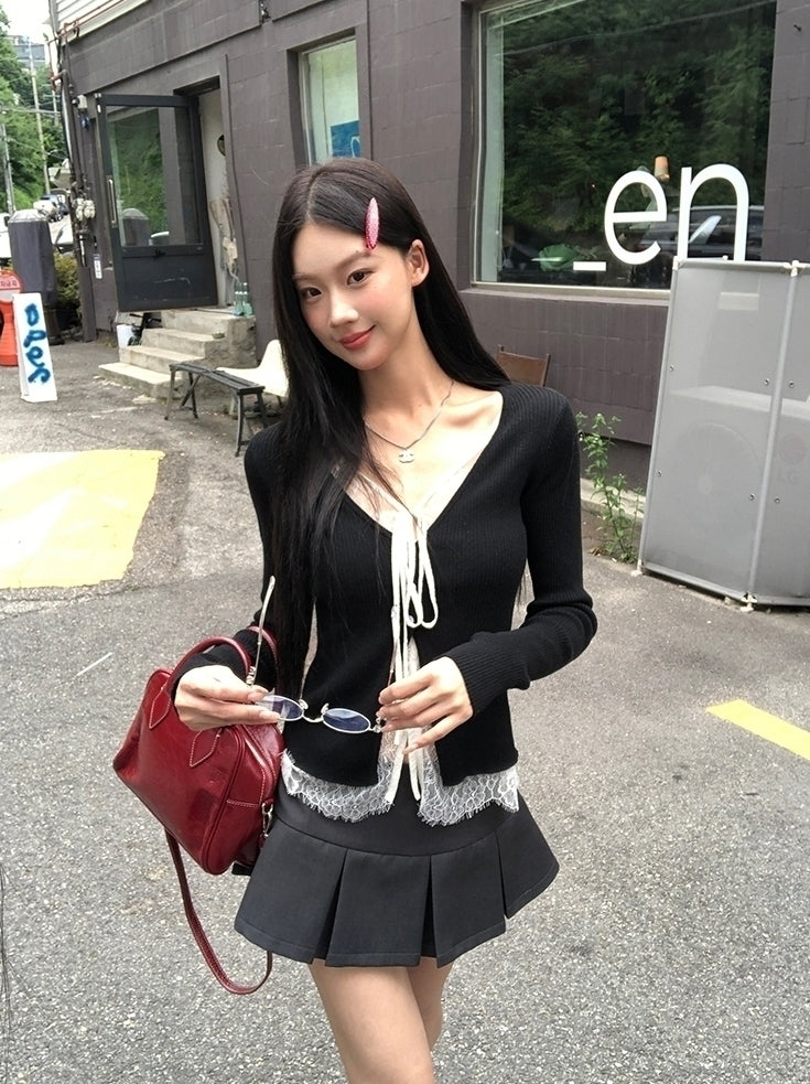 Lace Knit Cardigan Sweater With Layered Design