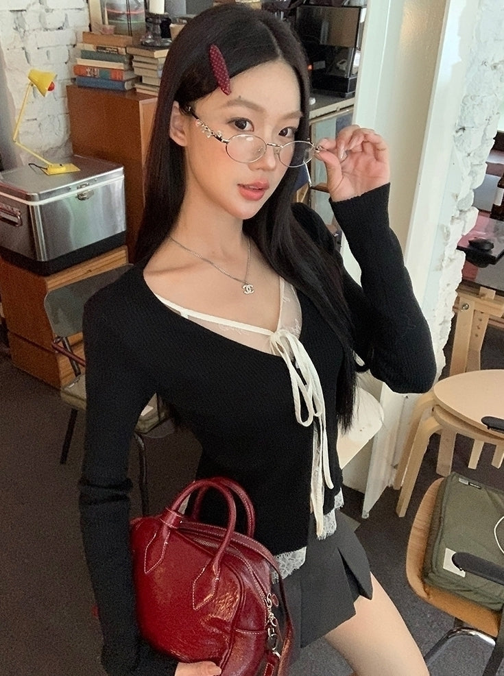 Lace Knit Cardigan Sweater With Layered Design