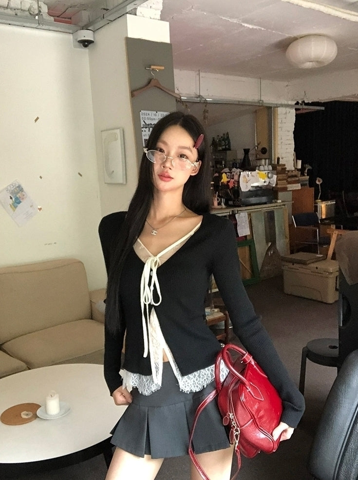 Lace Knit Cardigan Sweater With Layered Design