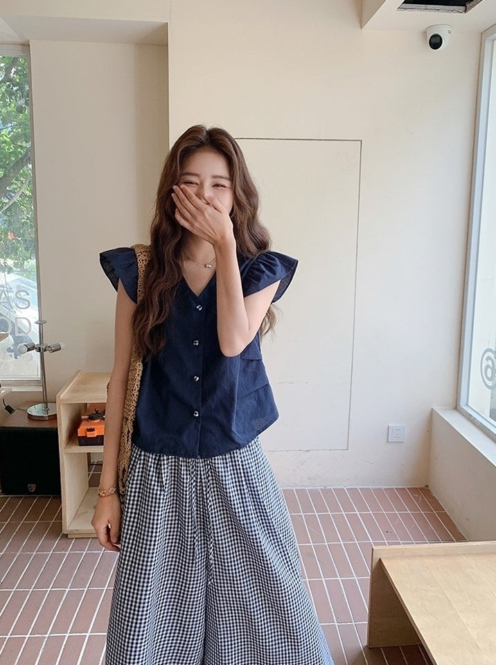 Lace Patchwork Plaid Wide Leg Pants Shirt Set