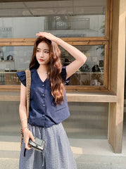 Lace Patchwork Plaid Wide Leg Pants Shirt Set