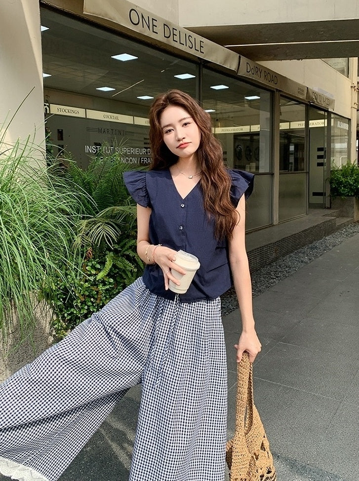 Lace Patchwork Plaid Wide Leg Pants Shirt Set