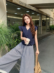 Lace Patchwork Plaid Wide Leg Pants Shirt Set