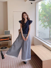 Lace Patchwork Plaid Wide Leg Pants Shirt Set