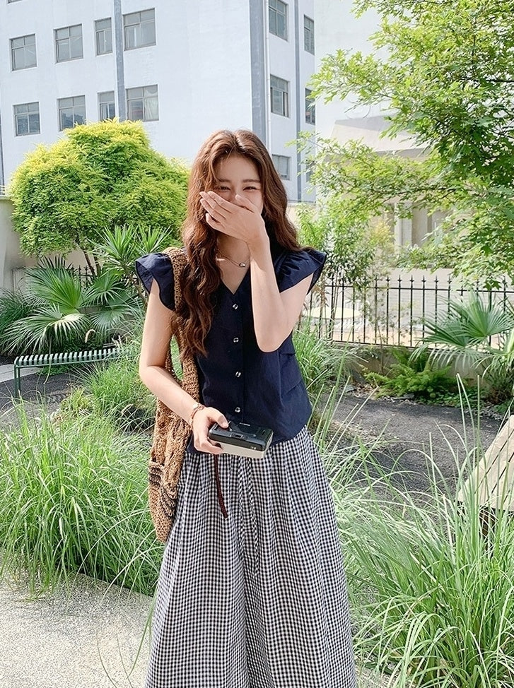 Lace Patchwork Plaid Wide Leg Pants Shirt Set