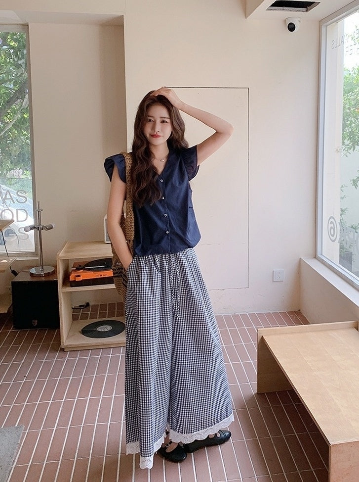 Lace Patchwork Plaid Wide Leg Pants Shirt Set