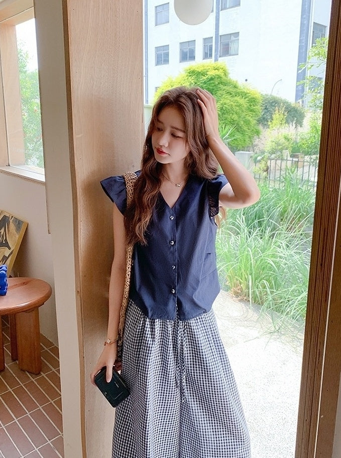 Lace Patchwork Plaid Wide Leg Pants Shirt Set