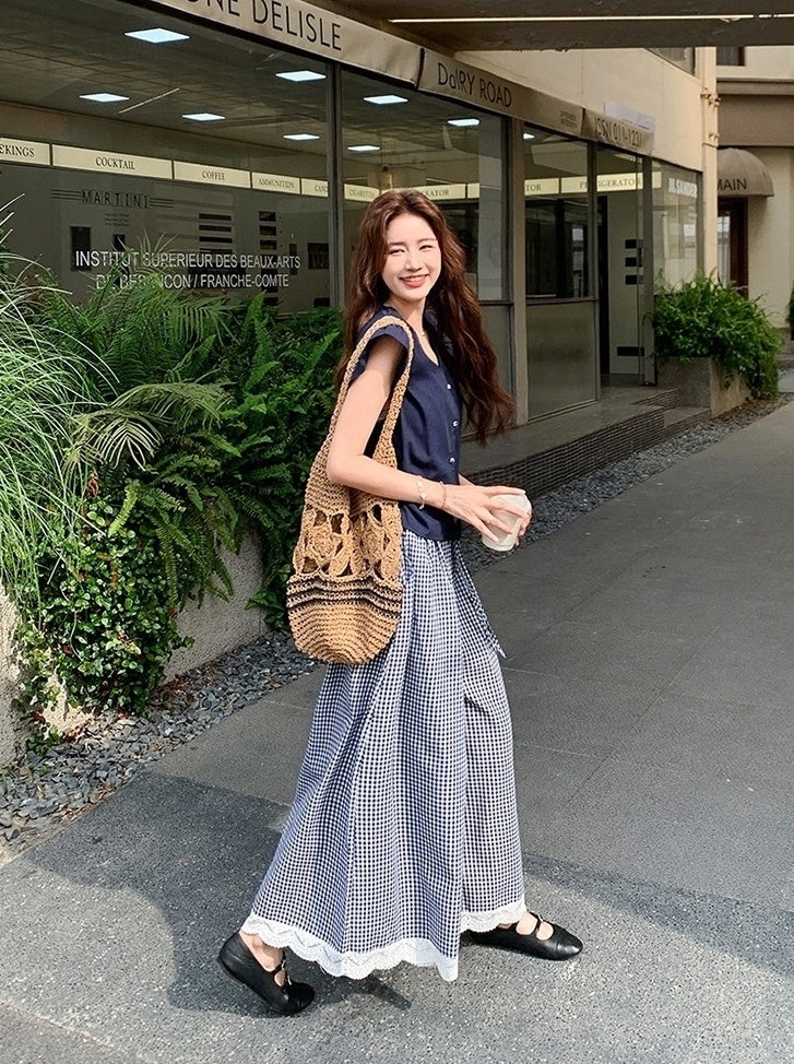 Lace Patchwork Plaid Wide Leg Pants Shirt Set