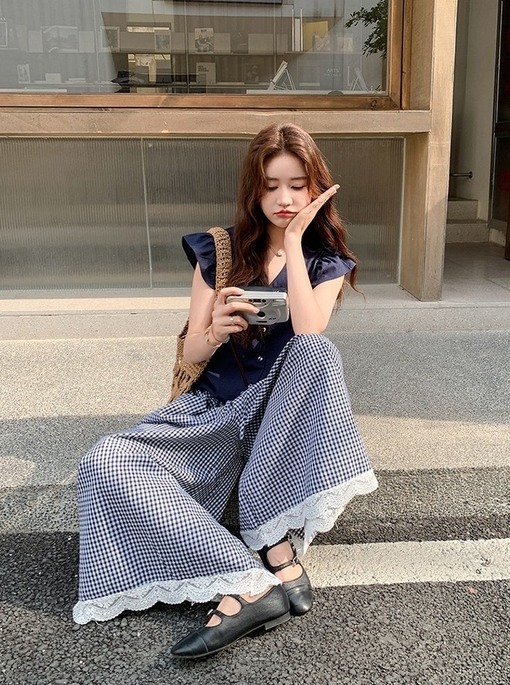 Lace Patchwork Plaid Wide Leg Pants Shirt Set