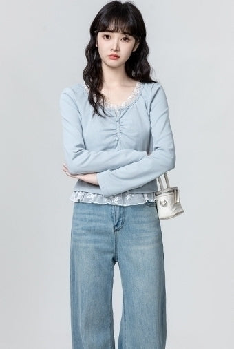 Lace Patchwork Ruched Long Sleeve Blue Top
