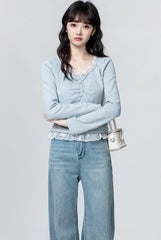 Lace Patchwork Ruched Long Sleeve Blue Top