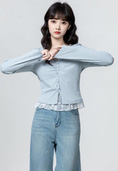 Lace Patchwork Ruched Long Sleeve Blue Top