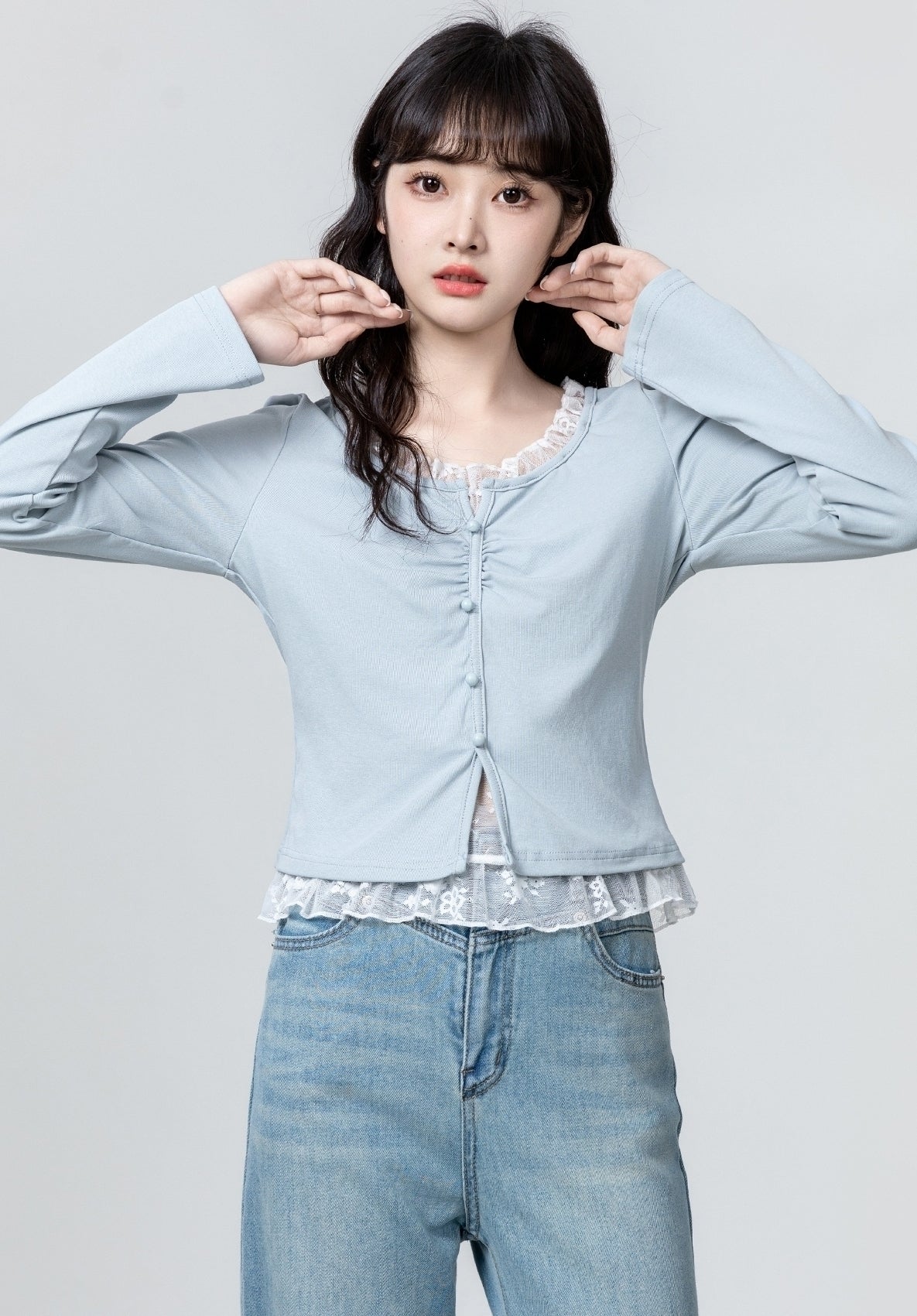Lace Patchwork Ruched Long Sleeve Blue Top