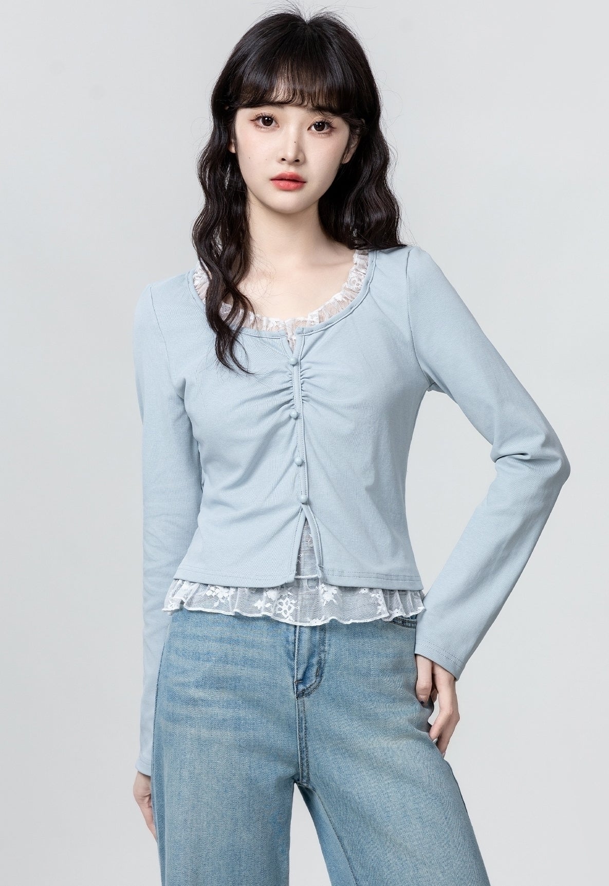 Lace Patchwork Ruched Long Sleeve Blue Top