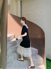 Lace Patchwork Sailor Collar Loose Fit Maxi Dress