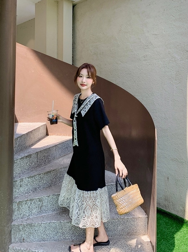 Lace Patchwork Sailor Collar Loose Fit Maxi Dress