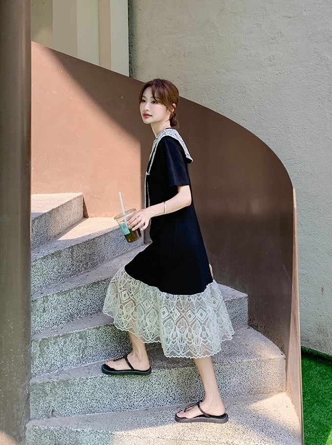 Lace Patchwork Sailor Collar Loose Fit Maxi Dress