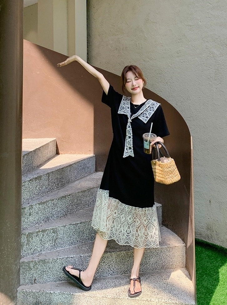 Lace Patchwork Sailor Collar Loose Fit Maxi Dress