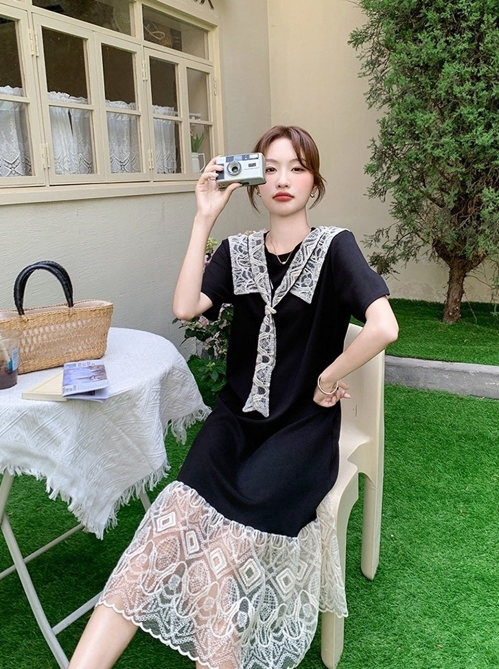 Lace Patchwork Sailor Collar Loose Fit Maxi Dress