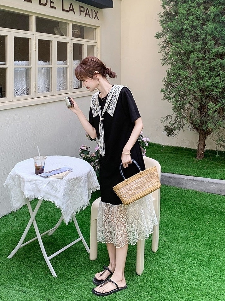 Lace Patchwork Sailor Collar Loose Fit Maxi Dress
