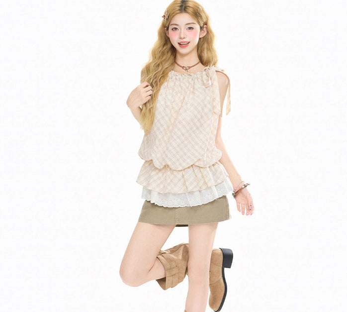 Lace Patchwork Sleeveless Ruffled Plaid Halter Top