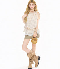 Lace Patchwork Sleeveless Ruffled Plaid Halter Top