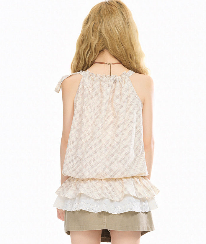 Lace Patchwork Sleeveless Ruffled Plaid Halter Top