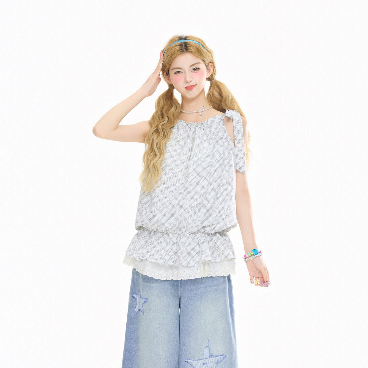 Lace Patchwork Sleeveless Ruffled Plaid Halter Top