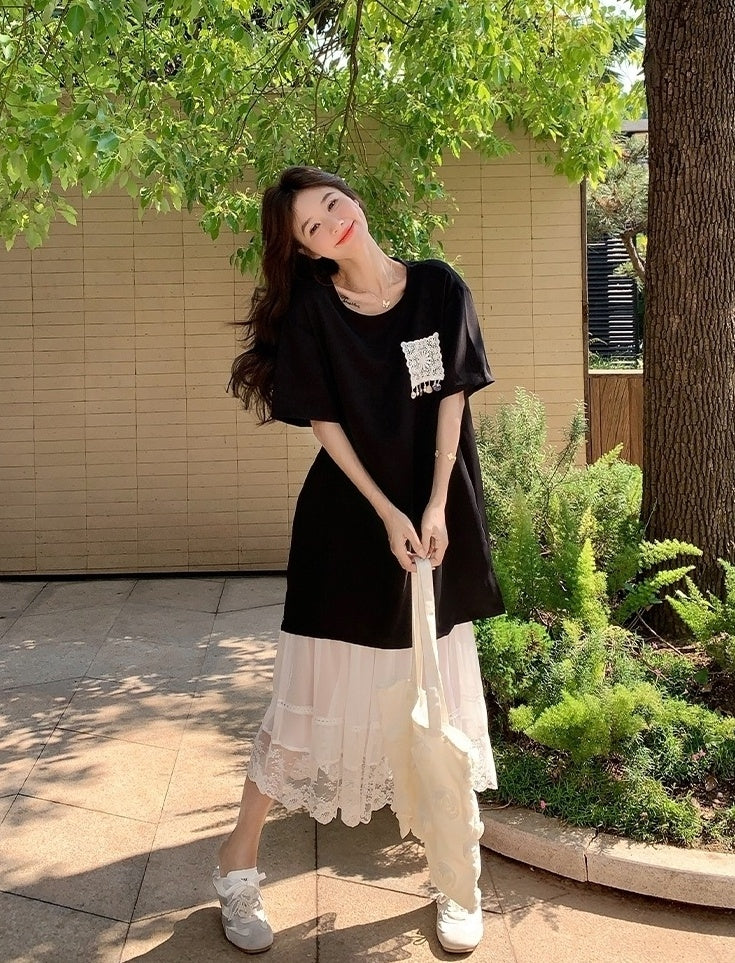 Lace Skirt And Short Sleeve Tee Set